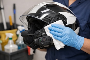 Guante azul sostiene paño blanco para limpiar casco de motocicleta blanco y negro con visor transparente, intercomunicador y micrófono. Fondo con productos de limpieza.