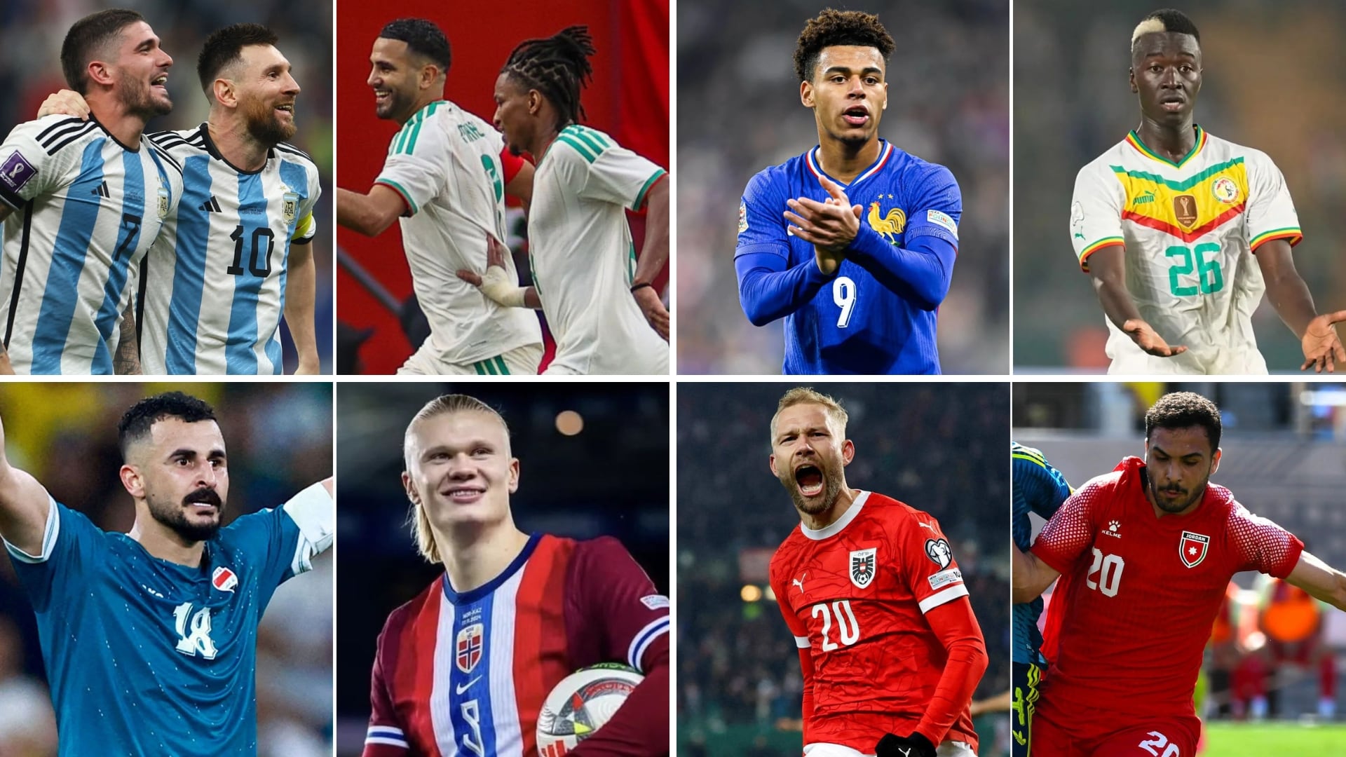 Una composición muestra a futbolistas de Argentina, Argelia, Francia, Senegal, Noruega, Irak, Austria y Jordania en partidos internacionales, reflejando la diversidad y emoción del deporte rey. (Infobae)