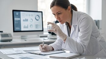 Una mujer con bata blanca y guantes sostiene un frasco pequeño de vidrio sobre una mesa con documentos impresos y un monitor de ordenador.