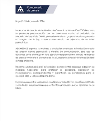 Asomedios rechazó las amenazas contra el periodista Norbey Valle David y pidió a las autoridades investigar los hechos y garantizar su protección - crédito Asomedios