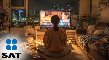 Mujer de espaldas sentada en el suelo viendo una serie en TV en sala oscura con snacks y ciudad nocturna. Logo SAT en esquina inferior izquierda.