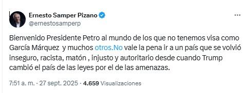 Ernesto Samper a Petro sobre retiro de visa de Estados Unidos - crédito @ernestosamperp/X