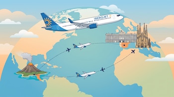 Avión de Iberojet sobre un mapa mundi. Un volcán representa El Salvador, el Palacio Real y la Sagrada Familia representan España. Rutas aéreas con aviones pequeños.