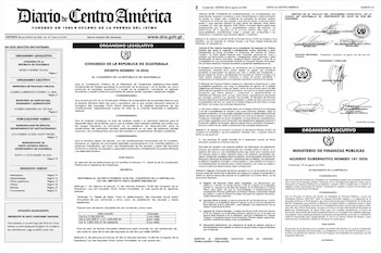 Páginas del Diario de Centro América con el texto oficial del Decreto Número 18-2026 de Guatemala y un sumario de la edición.