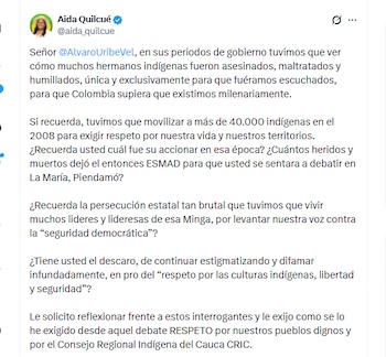 La candidata Aida Quilcué exigió al expresidente Uribe respetar a la población indígena - crédito @aida_quilcue/X