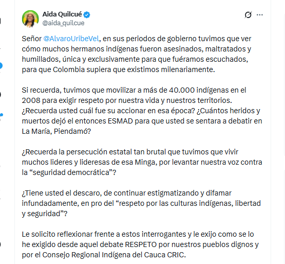 La candidata Aida Quilcué exigió al expresidente Uribe respetar a la población indígena - crédito @aida_quilcue/X