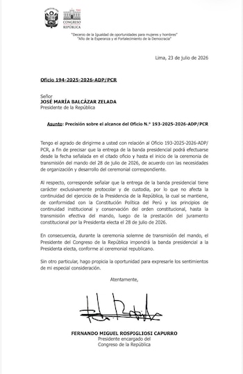 Documento oficial del Congreso de la República de Perú. Carta dirigida a José María Balcázar Zelada con la firma de Fernando Rospigliosi Capurro