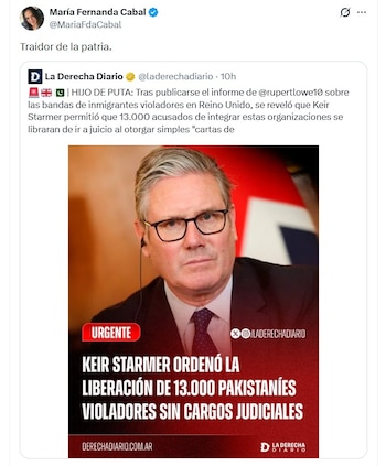 María Fernanda Cabal calificó de “traidor de la patria” a Keir Starmer, líder laborista de Reino Unido - crédito @MariaFdaCabal/X