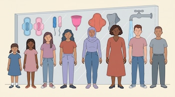 Ilustración plana de nueve personas diversas (niñas, mujeres, hombre trans, no binaria) de pie frente a una pared, con productos menstruales y un grifo de agua detrás.