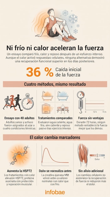 Infografía con la ilustración de un deportista sentado, iconos de tinas de agua, gráficos de líneas, un dinamómetro y textos explicativos.