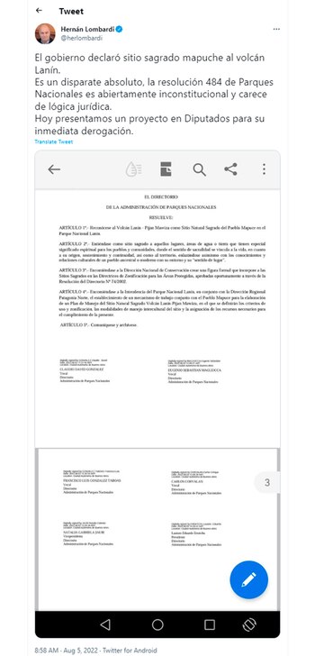 Tuit de Hernán Lombardi en