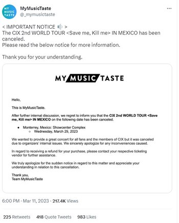 MyMusicTaste confirma cancelación de concierto