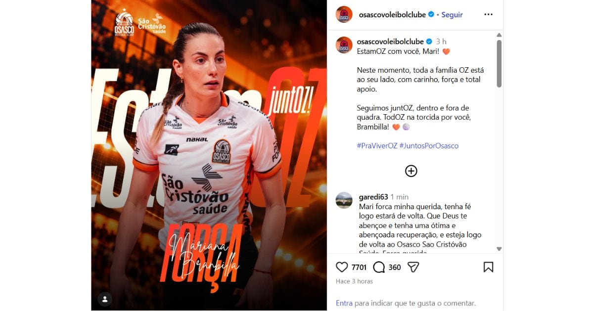 Osasco emitió un mensaje de apoyo para Mariana Brambilla tras sufrir dura lesión.