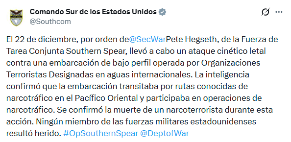 El comunicado del Comando Sur de los Estados Unidos vía X