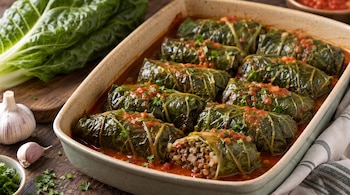 Rollos de acelga rellenos de carne picada en una fuente con salsa de tomate junto a ajos y hojas frescas.