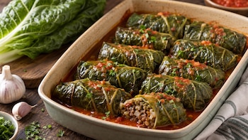 Receta de hojas de acelga rellenas con carne al horno, rápida y fácil