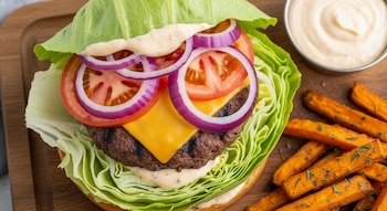 Hamburguesa sin pan envuelta en lechuga, con carne, queso, rodajas de tomate y cebolla morada, acompañada de patatas fritas de boniato y un bol de salsa.