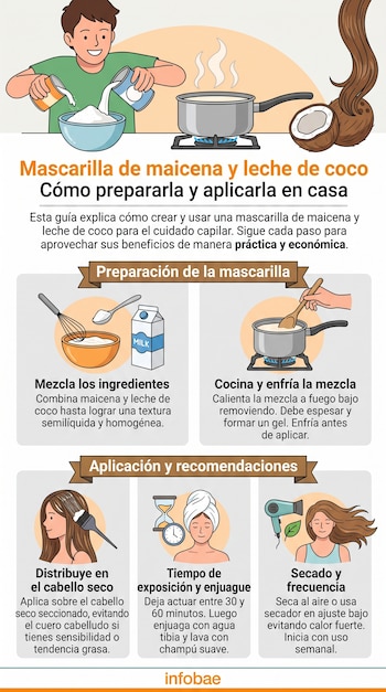 Infografía ilustrada con instrucciones para elaborar y aplicar una mascarilla casera para el cabello, realizada por Infobae.