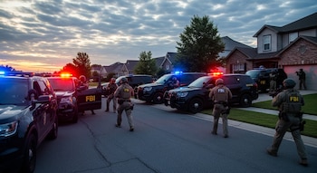 Agentes del FBI con equipo táctico rodean una vivienda suburbana al amanecer. Varios vehículos policiales negros con luces rojas y azules intermitentes en la calle.