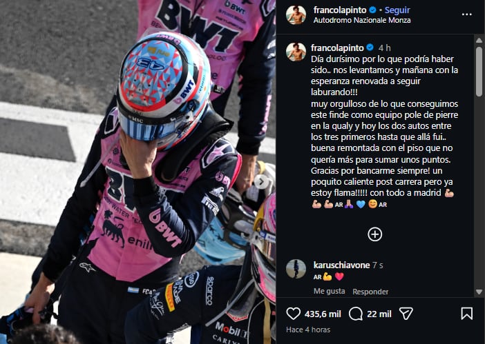 El posteo del argentino en su cuenta de Instagram