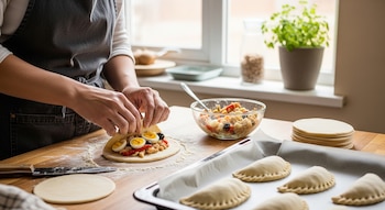 Manos con harina rellenan una empanada de vigilia con atún, huevo y vegetales sobre una tabla de madera. Un bol de relleno y empanadas crudas en una bandeja son visibles.