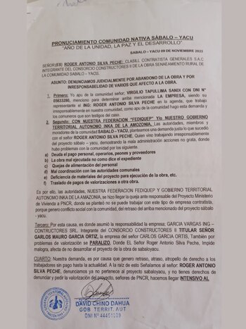 Comunidad nativa de Sabaloyacu denunció