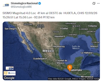 Sismo de 4.0 en Huixtla, Chiapas este 12 de septiembre. (X/ @SismologicoMX)