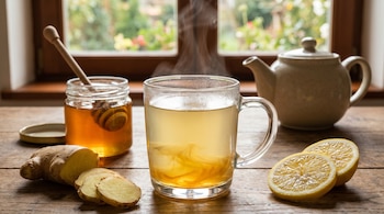 Una taza de vidrio con infusión de jengibre y miel humeante en una mesa de madera, junto a jengibre fresco, limón en rodajas y un tarro de miel con un cucharón.