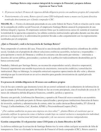 Botero sostuvo que la transacción incluyó 18 meses de revisiones de firmas especializadas. - crédito Prensa Santiago Botero