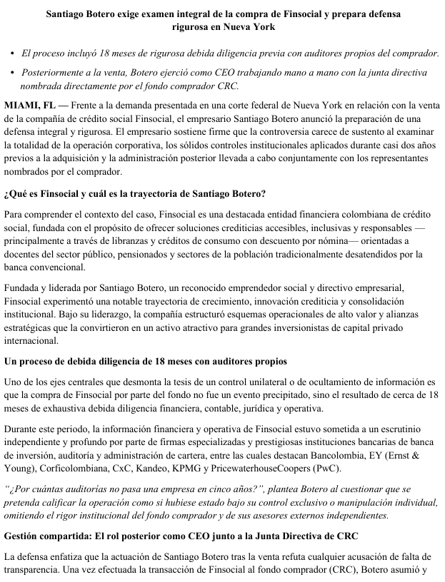 Botero sostuvo que la transacción incluyó 18 meses de revisiones de firmas especializadas. - crédito Prensa Santiago Botero
