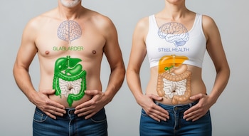 Torsos de hombre y mujer con manos en abdomen. Superposiciones digitales de órganos internos y cerebro. Texto 'GLABARDER' y 'STEEL HEALTH' visibles.