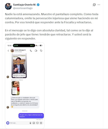 Congresista Santiago Osorio responde a denuncia de Irene Zuluaga, activista de derecha, y sube la tensión en redes sociales - crédito @osoriosantiago/X