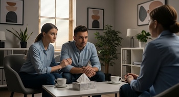 Una pareja y una mujer sentadas en una habitación con una mesa baja, dos tazas, una caja de pañuelos y plantas.