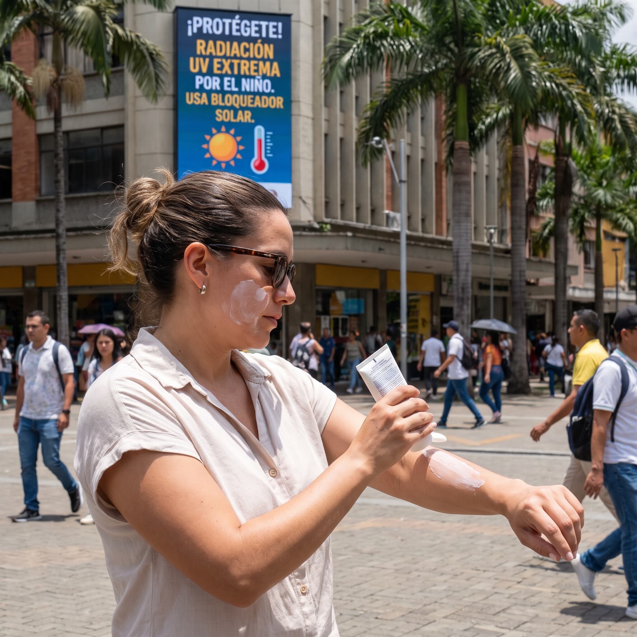 Una mujer se aplica protector solar en una calle de Medellín frente a un cartel que advierte sobre la radiación ultravioleta extrema causada por el fenómeno de El Niño. (Imagen Ilustrativa Infobae)