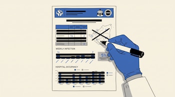 Un documento del Ministerio de Salud de Nicaragua contiene franjas negras sobre los datos y una mano con guante azul que tacha un mapa.