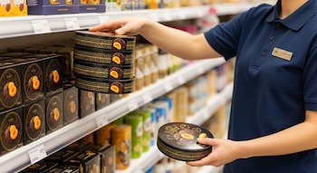 Empleado de supermercado con uniforme azul sostiene cajas redondas de galletas con chocolate y albaricoque en un estante del establecimiento.