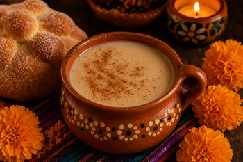 Taza de barro con bebida espolvoreada con canela, acompañada de pan de muerto, flores de cempasúchil y una vela encendida sobre una mesa.