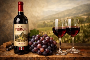 Una botella de vino tinto "Vino Peruano" con una bandera peruana, un racimo de uvas oscuras y dos copas de vino tinto sobre una mesa de madera.