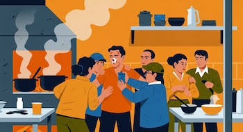 Ilustración de siete personas en una cocina, un hombre con fractura nasal y heridas en la frente es sostenido por otros, con ollas humeantes y utensilios.