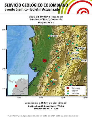 El sismo de mayor magnitud reportado por el SGC ocurrió en Istmina, Chocó, con una magnitud de 3,4 y una profundidad de 41 kilómetros - crédito SGC