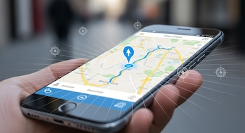 Primer plano de una mano sosteniendo un smartphone negro que muestra un mapa con una ruta azul y un marcador de ubicación; líneas y brújulas rodean la pantalla.