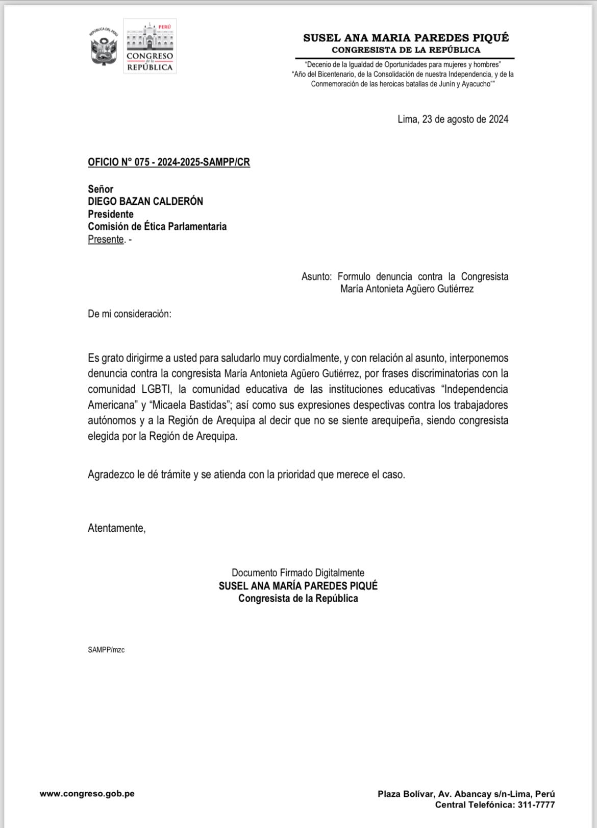 Congresista Susel Paredes denunció a María Agüero ante la Comisión de Ética.
