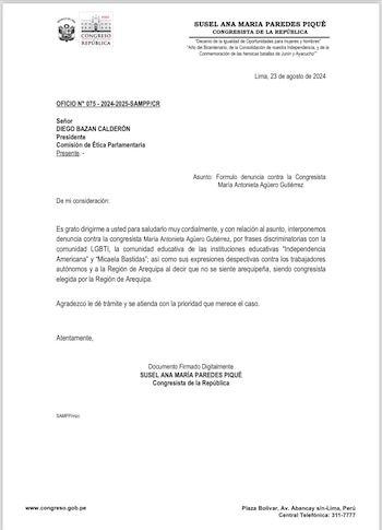 Congresista Susel Paredes denunció a