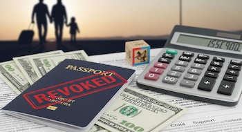 Primer plano de un pasaporte con un sello rojo "REVOCADO" sobre billetes de 100 dólares, una calculadora y documentos de manutención infantil. Siluetas de una familia viajando al fondo.