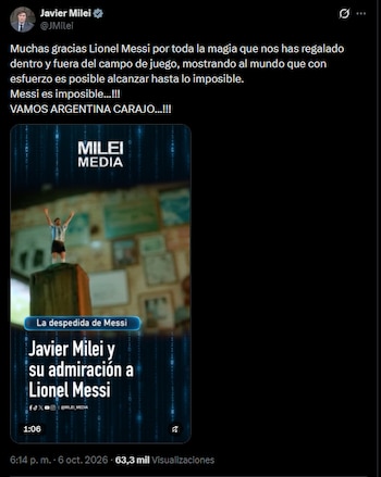 Captura de pantalla de una publicación en la red social X realizada por Javier Milei, que incluye un mensaje escrito y la miniatura de un video
