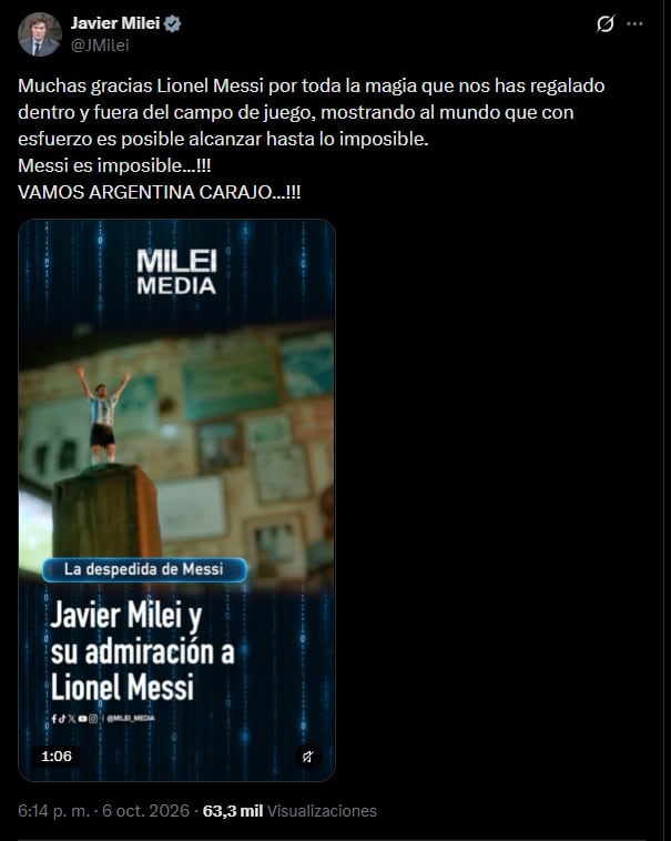 El mensaje publicado por Javier Milei para despedir a Lionel Messi