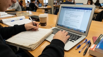 Vista cercana de un estudiante tomando notas en una libreta con un bolígrafo y escribiendo en un MacBook Air en un escritorio de madera.