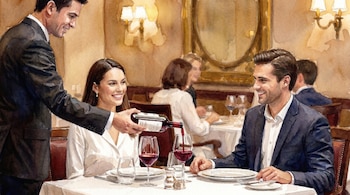 Acuarela de un camarero sirviendo vino tinto a una pareja en un restaurante elegante. Ambos sonríen mientras el vino es vertido en las copas.