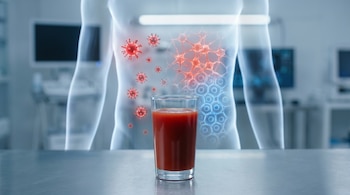Un vaso de jugo rojo está en primer plano sobre una mesa metálica. Detrás, una figura humana translúcida muestra células inflamadas rojas que se vuelven azules.