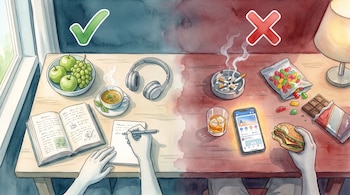 Ilustración de mesa dividida: frutas, taza, auriculares, libro, mano escribiendo, tilde verde; cenicero, vaso, teléfono, dulces, hamburguesa, mano sosteniendo, cruz roja.